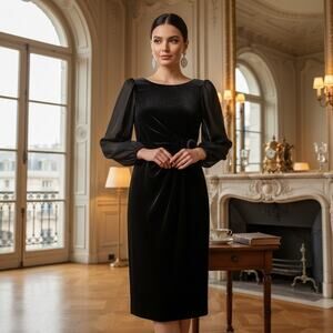 Jessica Howard Black Velvet, Sheer‑Sleeve Dress – Size 10 – NWT – Zip Closure